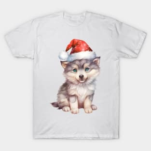 Gray Wolf in Santa Hat T-Shirt